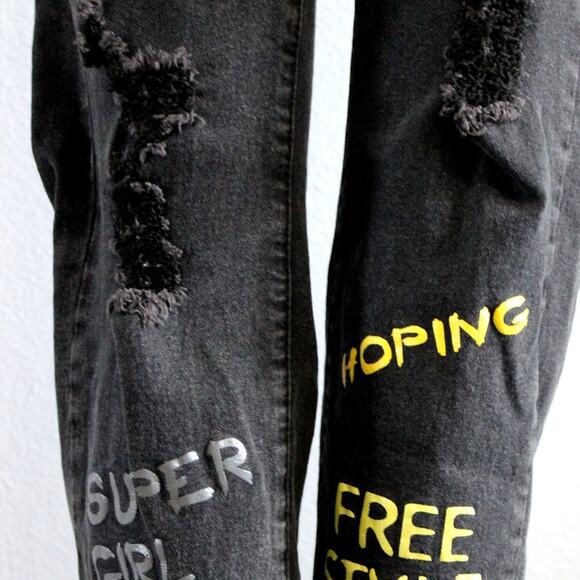 Shein High Rise Slogan Graphic Distressed Black Jean Size L - Picture 8 of 13